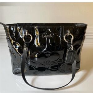Coach Black Signature Tote with Patent Leather Finish